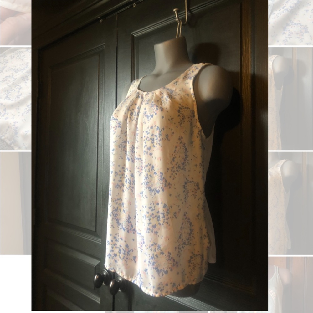 White Cotton & Chiffon Tank w/ light blue and pink